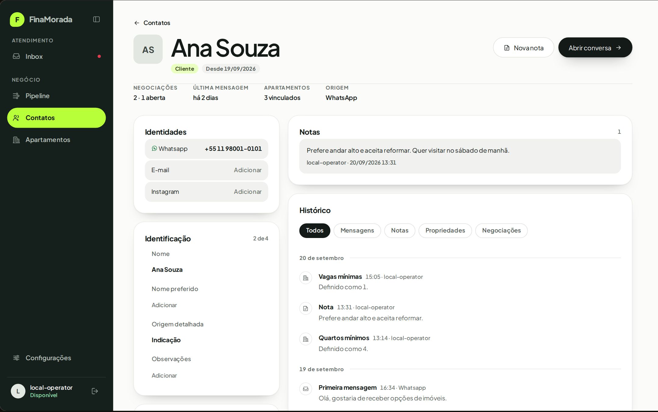 Ficha do contato com notas e histórico